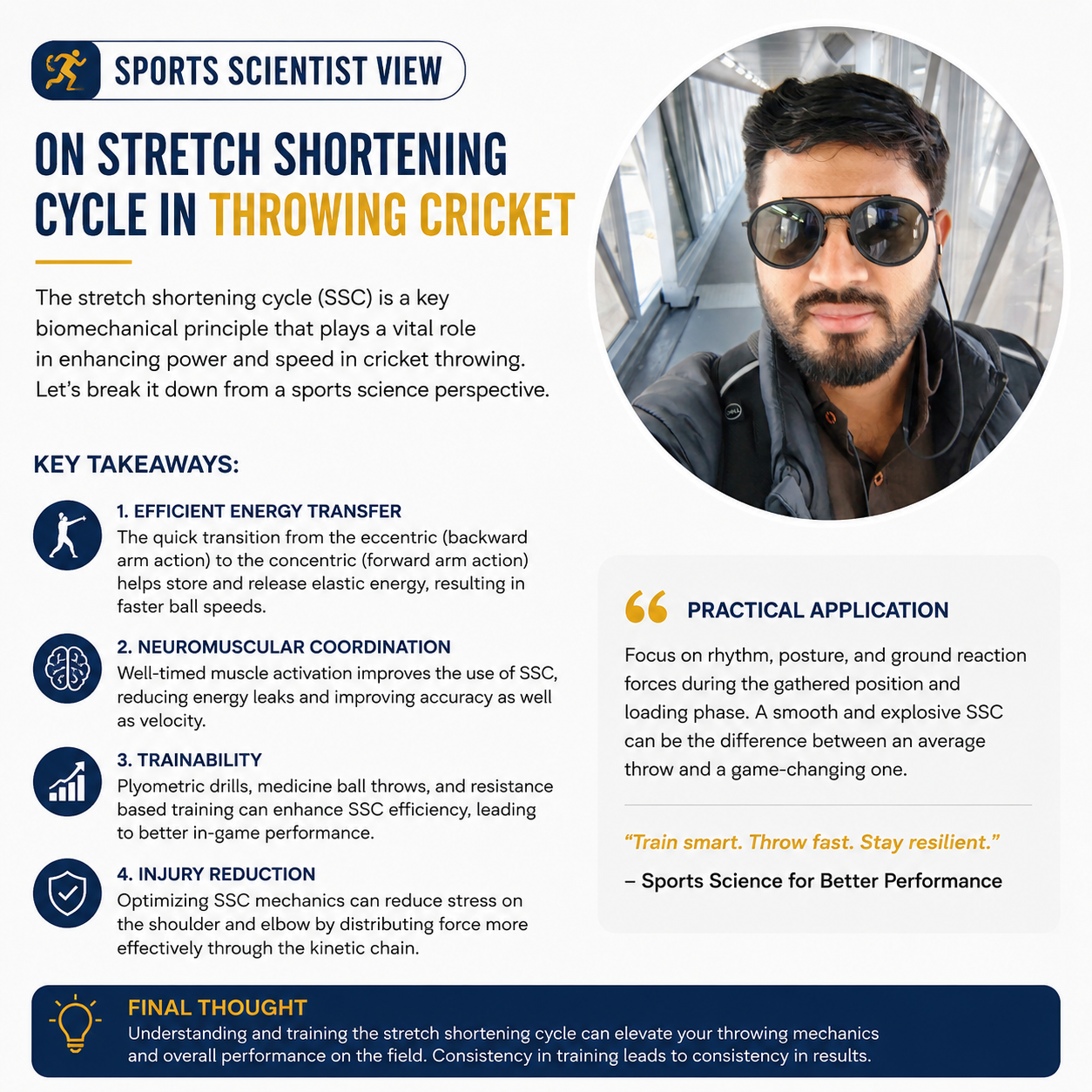 Sports Scientist Aakash Ganesan explaining the stretch-shortening cycle in cricket throwing, highlighting biomechanics, power generation, neuromuscular coordination, kinetic chain efficiency, and performance enhancement for athletes