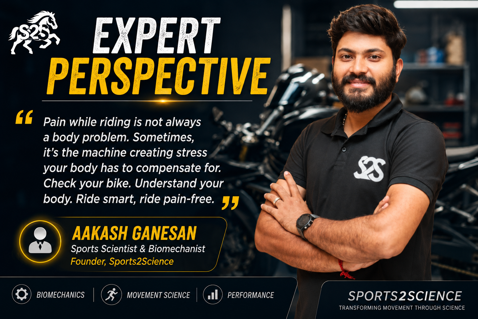"Aakash Ganesan, Sports Scientist and Biomechanist at Sports2Science, sharing expert insights on how motorcycle mechanics, posture, and movement patterns influence neck pain, shoulder tension, and back pain in riders."