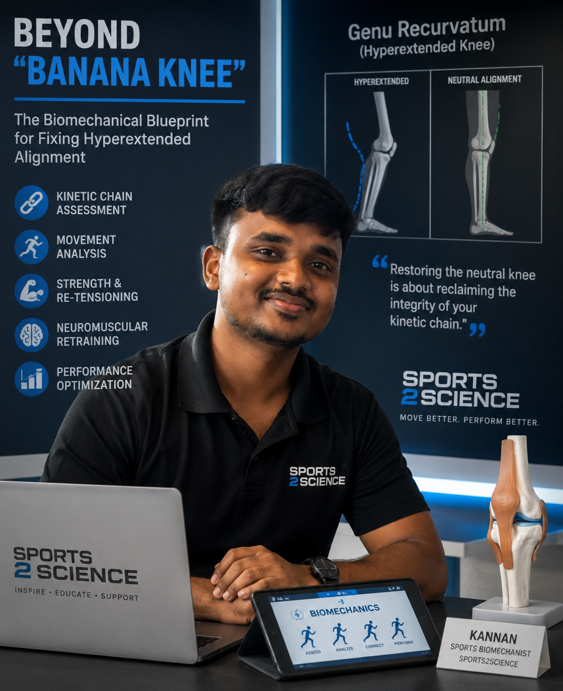 Kannan, Sports Biomechanist at Sports2Science, discussing genu recurvatum (hyperextended knee), kinetic chain assessment, movement analysis, neuromuscular retraining, and biomechanical strategies for restoring optimal knee alignment and performance