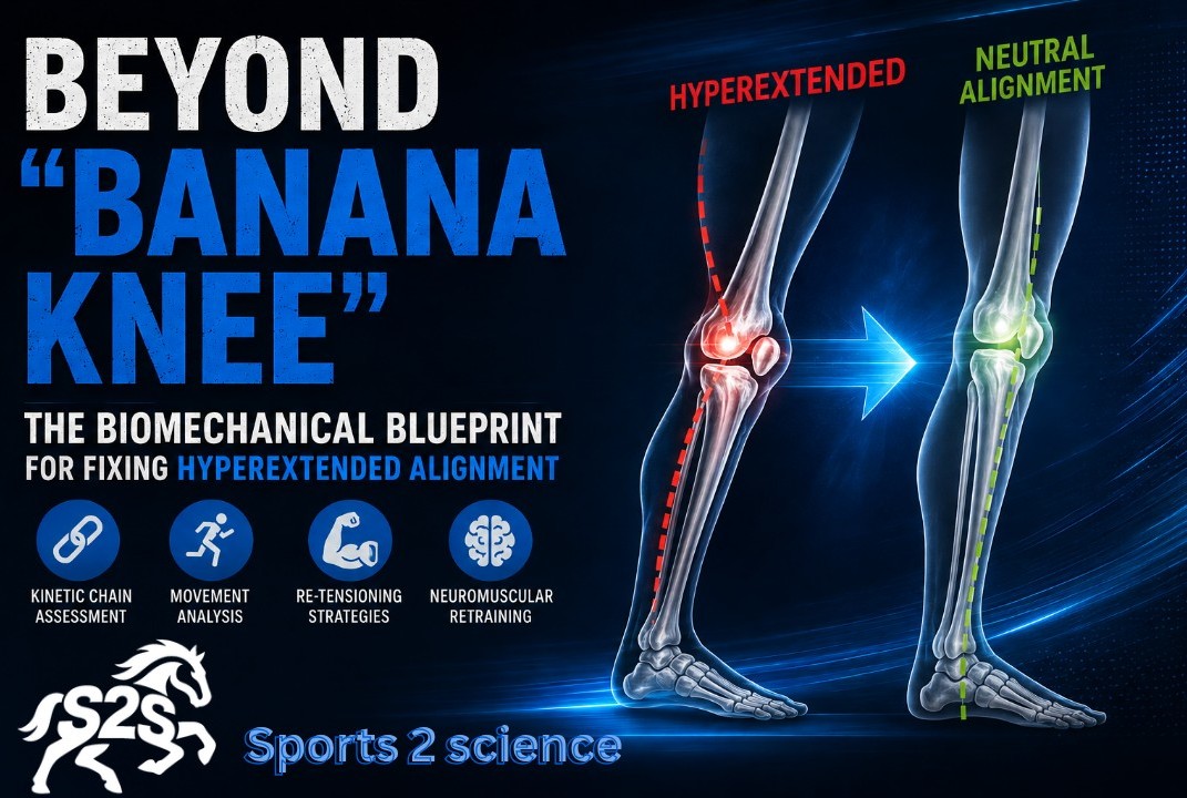 Hyperextended knee posture showing genu recurvatum alignment with biomechanical assessment and movement correction concepts by Sports2Science