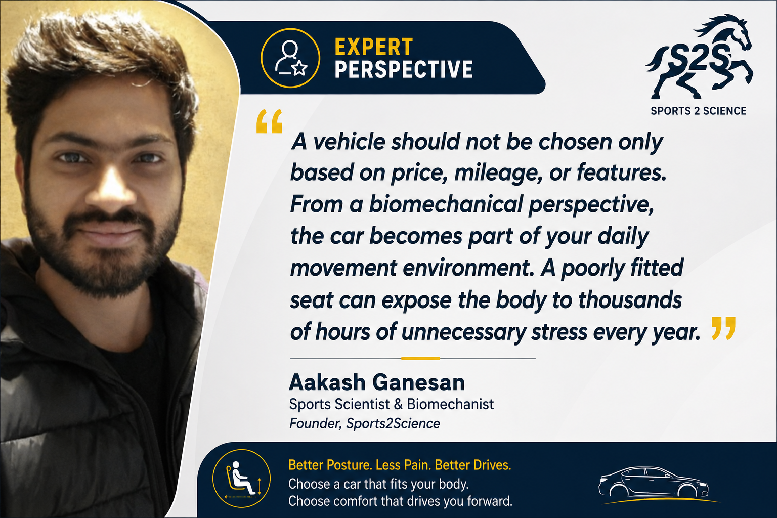 Aakash Ganesan, Sports Scientist and Biomechanist at Sports2Science, sharing expert insights on car ergonomics, driving posture, vehicle comfort, and choosing a car that fits individual body dimensions