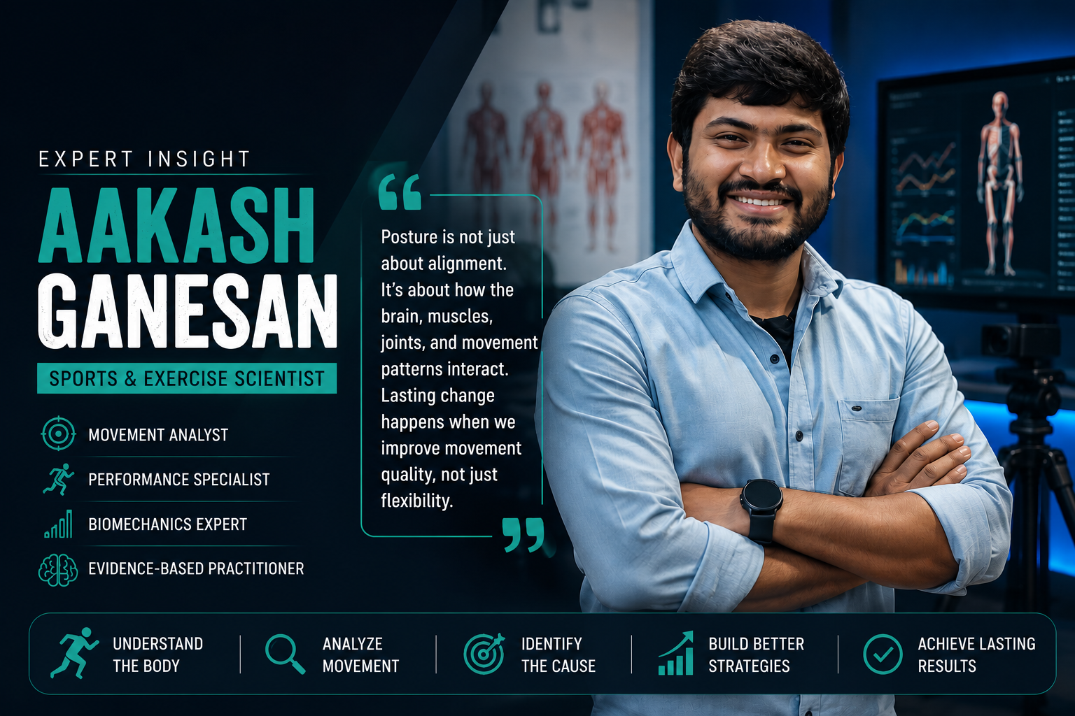 Aakash Ganesan, Sports and Exercise Scientist at Sports2Science, sharing expert insights on posture, biomechanics, movement analysis, and evidence-based human performance strategies.