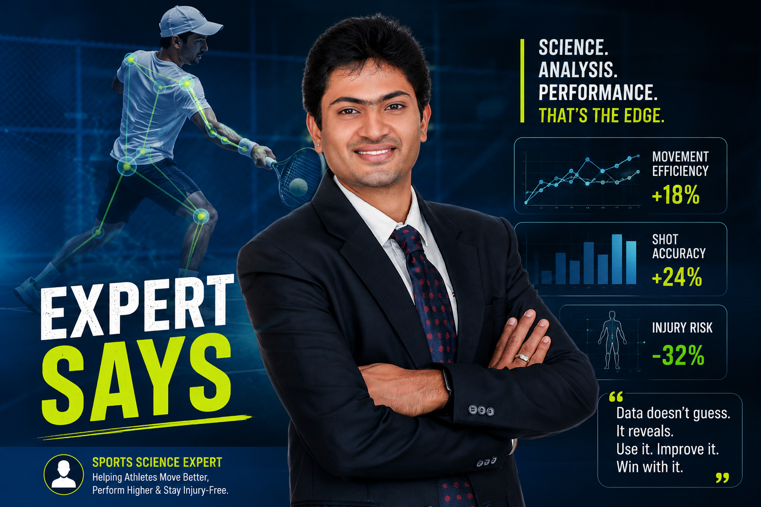 Aakash Ganesan, Movement Neuroscientist and Sports Scientist, discussing the role of tennis movement analysis, biomechanics, and performance optimization for athletes