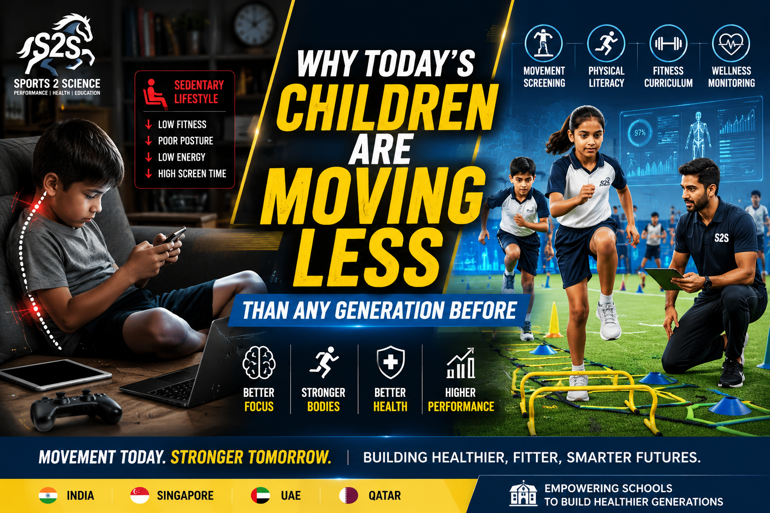 School students spending more time sitting and using screens contrasted with active children participating in physical literacy and fitness activities under sports science guidance.