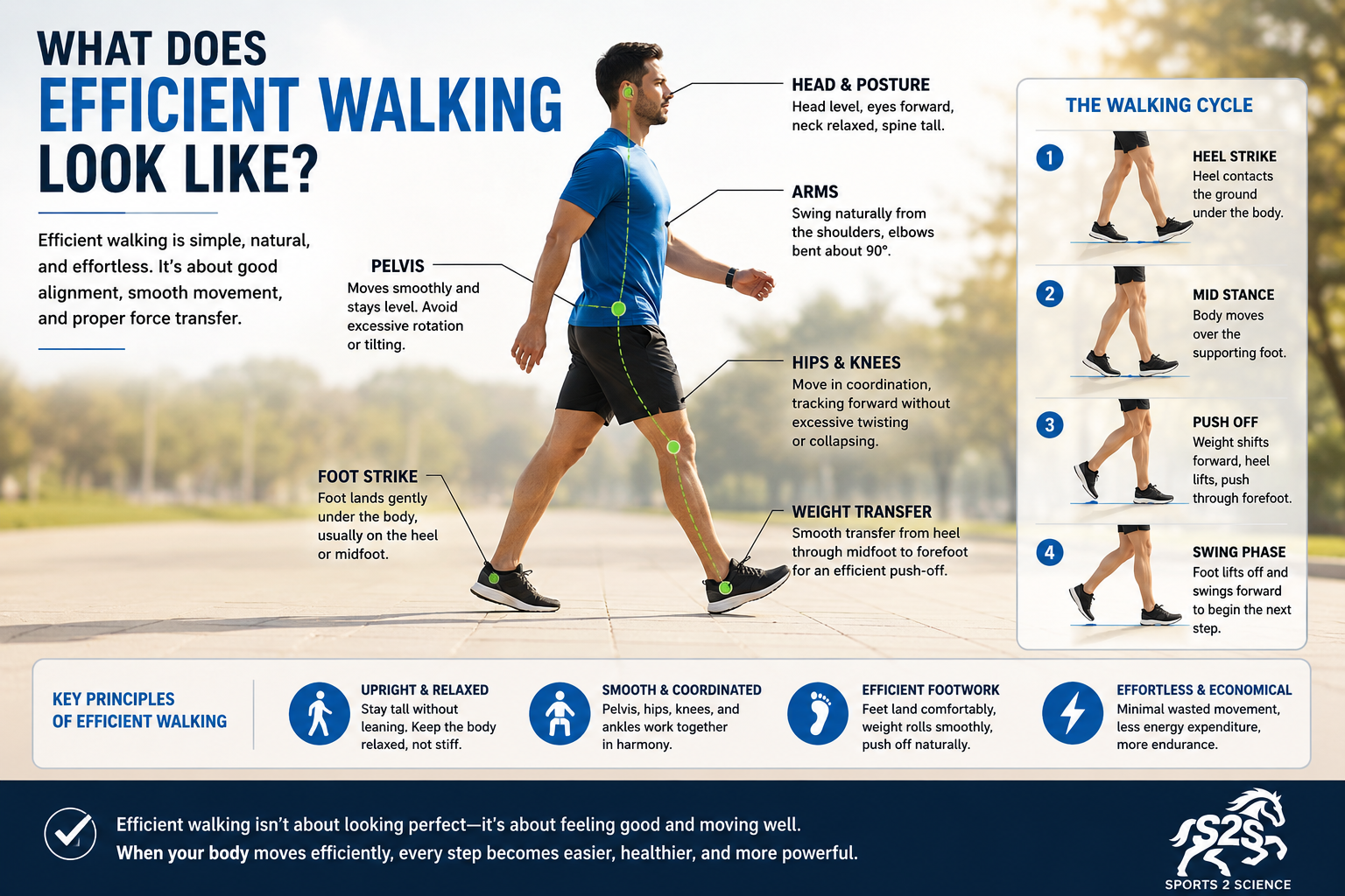 Illustration of efficient walking mechanics showing upright posture, smooth pelvis movement, coordinated hip and knee motion, natural arm swing, and proper weight transfer from heel to forefoot during walking.