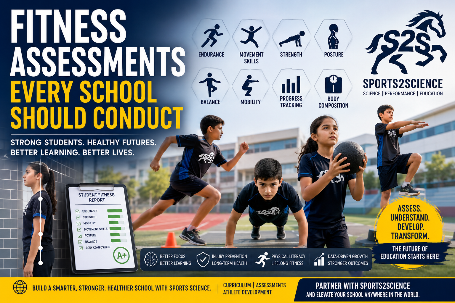 Students participating in comprehensive school fitness assessments including endurance testing, movement screening, posture analysis, strength evaluation, balance assessment, and physical literacy testing as part of a Sports2Science school health program.