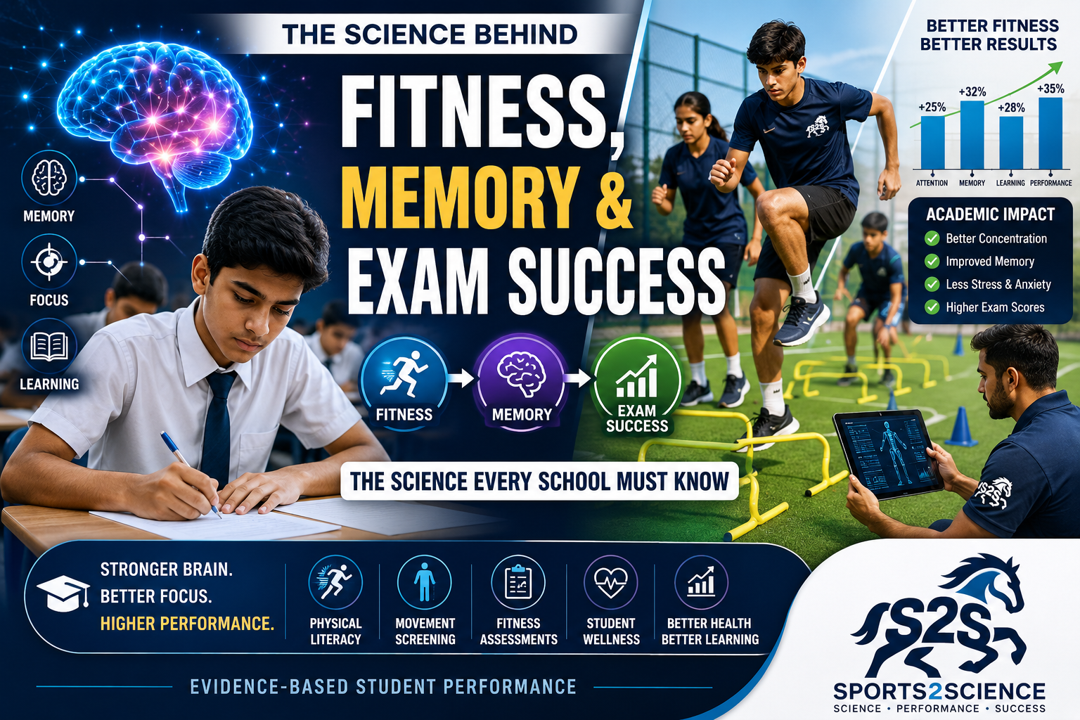 Sports2Science thumbnail showing school students performing fitness activities connected to improved memory, concentration, brain development, and examination performance.