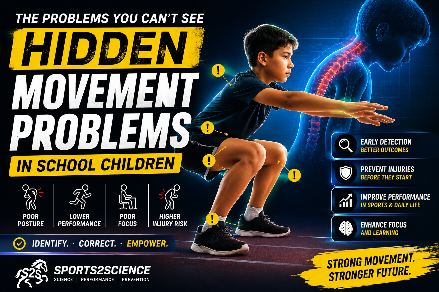 A school-age child performing a movement assessment highlighting hidden movement problems, posture issues, balance deficits, and injury risk factors identified through school movement screening.