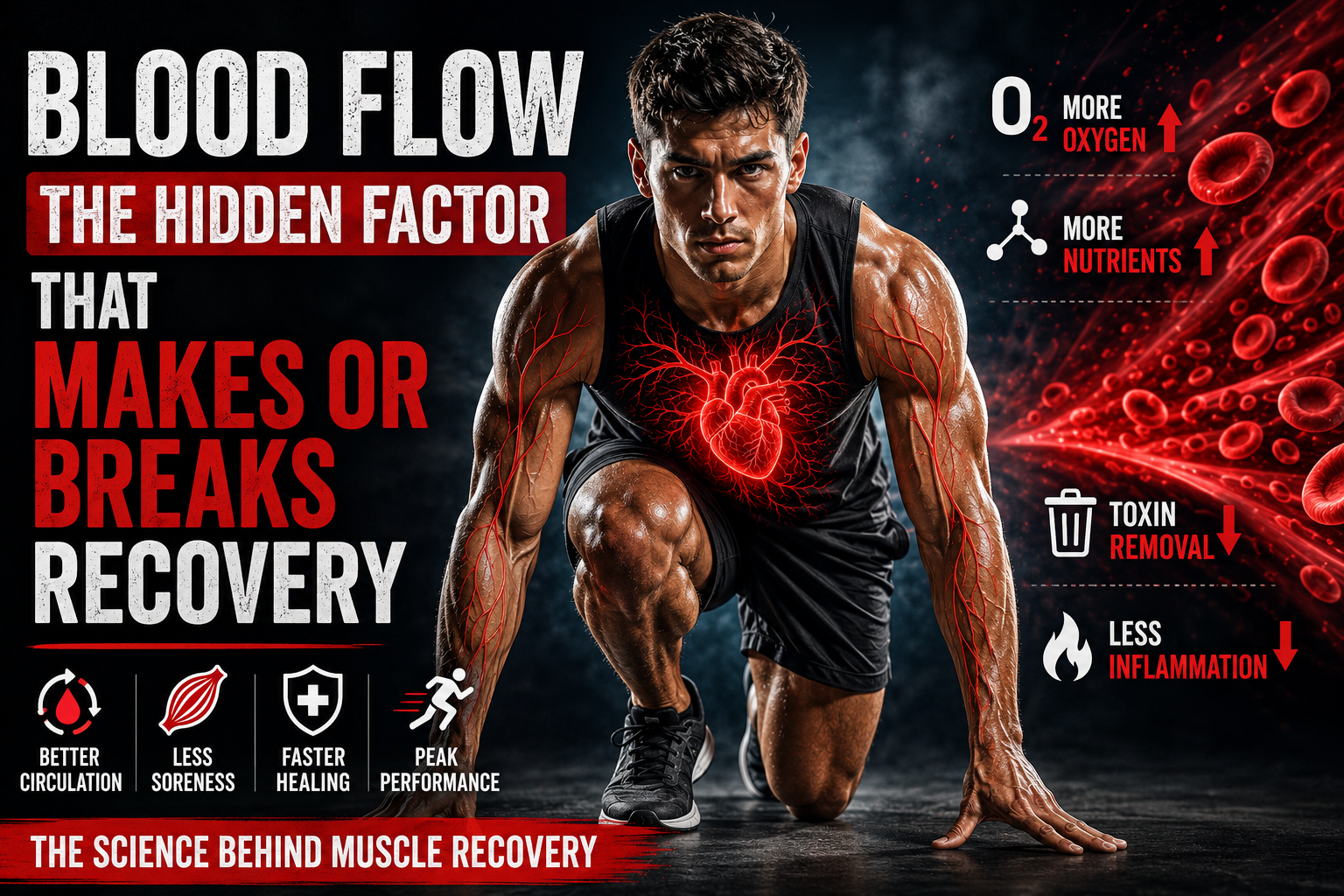 Blood flow and muscle recovery infographic showing how poor circulation reduces oxygen delivery, delays healing, increases soreness, affects nerve function, and slows athletic recovery – Sports2Science.