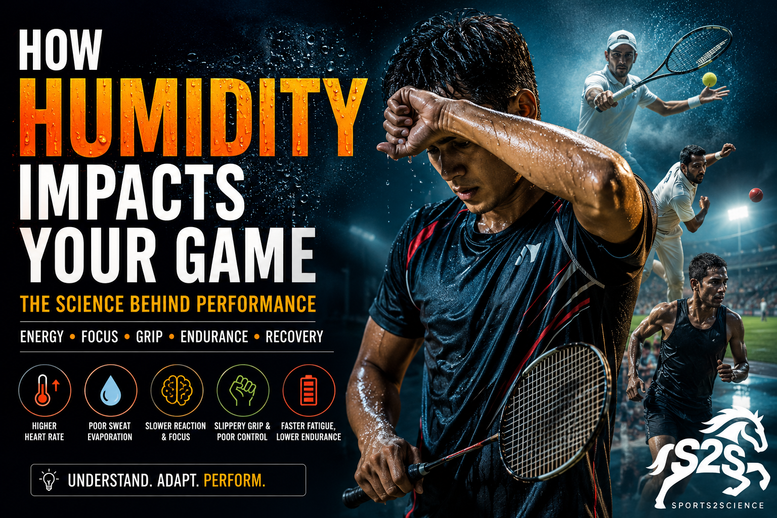 Sports2Science infographic showing how humidity affects sports performance, athlete fatigue, heart rate, reaction time, grip control, endurance, and recovery in badminton, tennis, cricket, and running