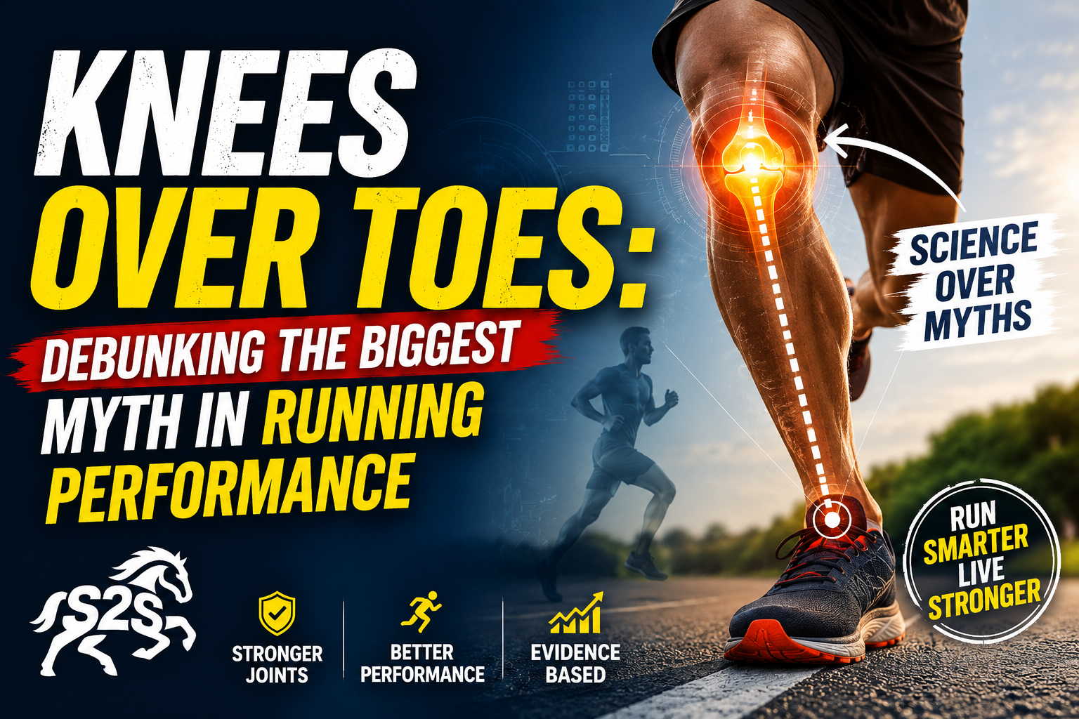 Sports2Science thumbnail illustrating the knees over toes running myth with biomechanical knee analysis, runner performance, injury prevention, evidence-based sports science, and athletic movement optimization