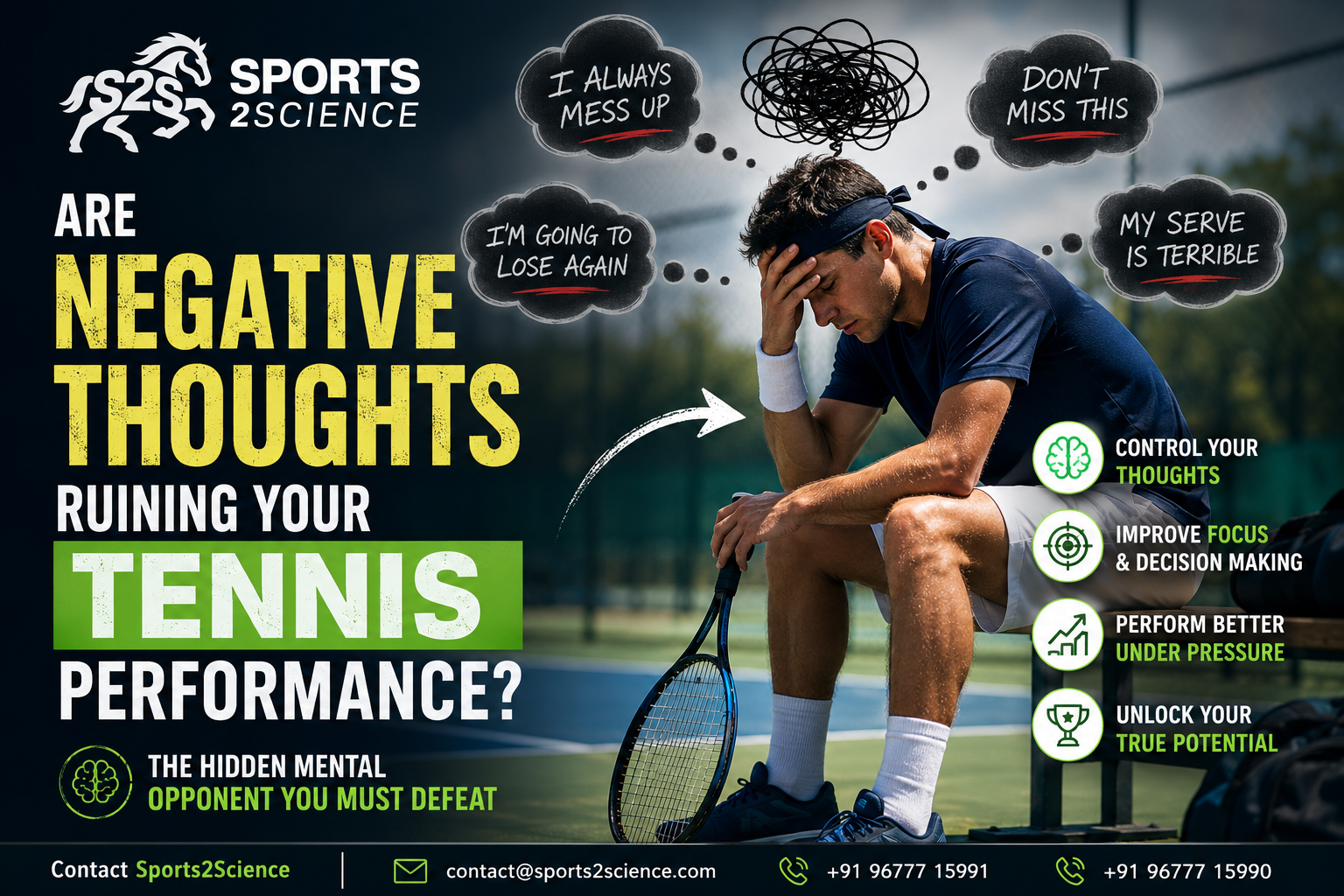 Tennis player showing frustration on court while battling negative thoughts, illustrating the impact of sports psychology on tennis performance and mental toughness.