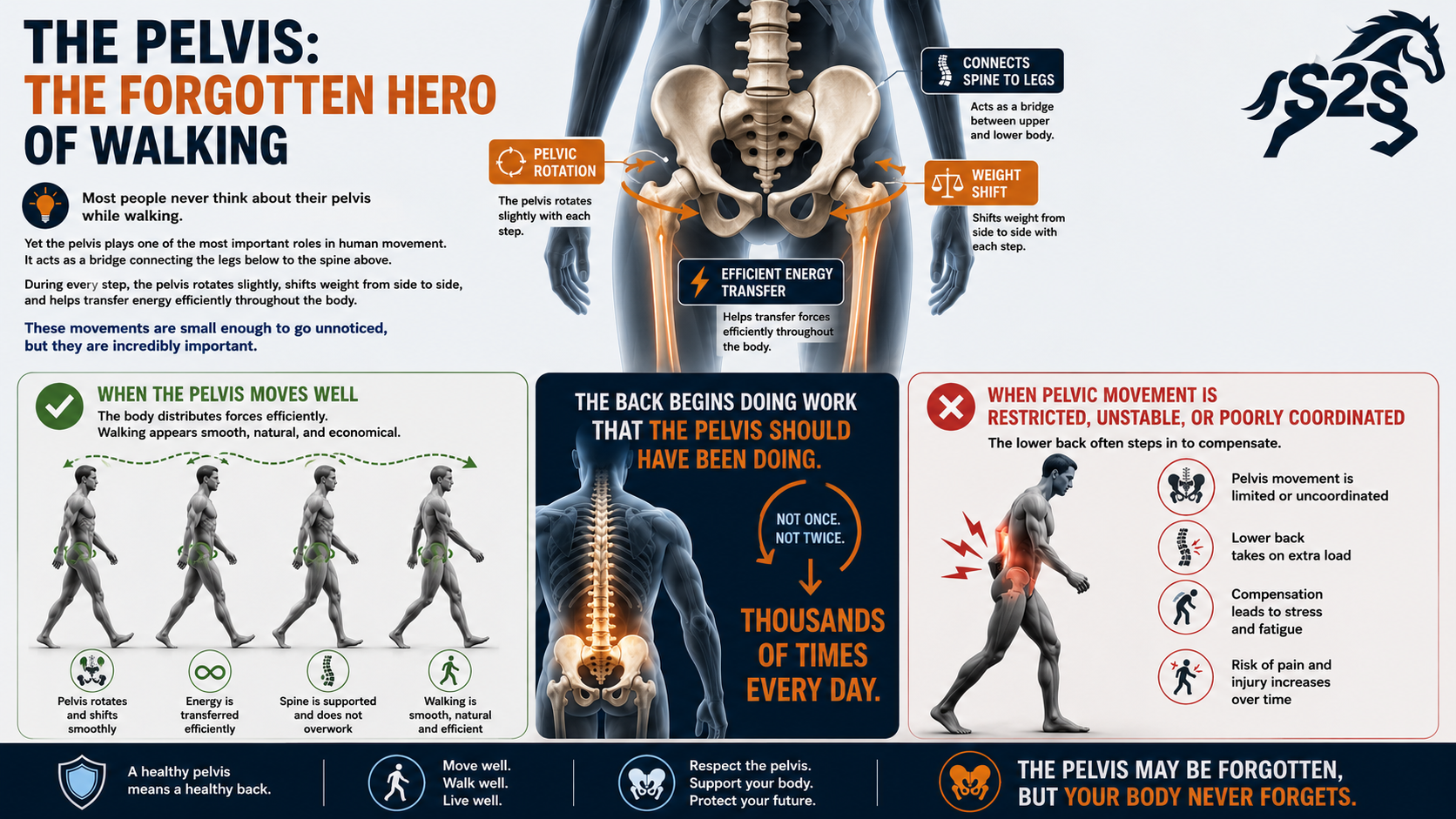 Illustration showing the role of pelvic movement during walking, including pelvic rotation, weight transfer, efficient energy transfer, and the relationship between pelvic function and low back pain