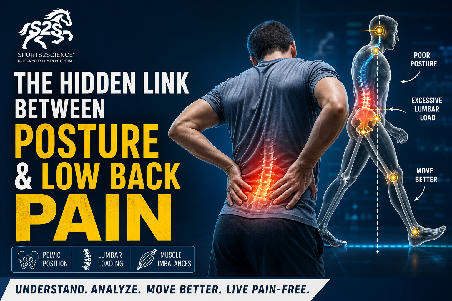 Sports2Science biomechanical analysis showing the relationship between posture, pelvic position, lumbar loading, muscle imbalances, and low back pain through movement assessment and posture evaluation.