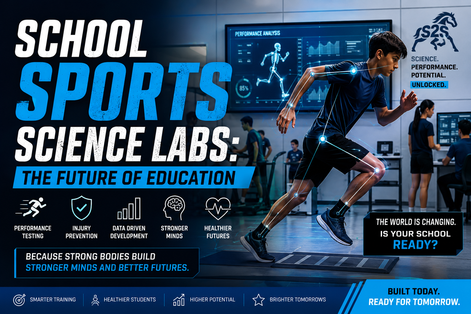 School Sports Science Lab featuring student athlete performance testing, biomechanics analysis, fitness assessment, injury prevention, and sports science technology for future-ready education.