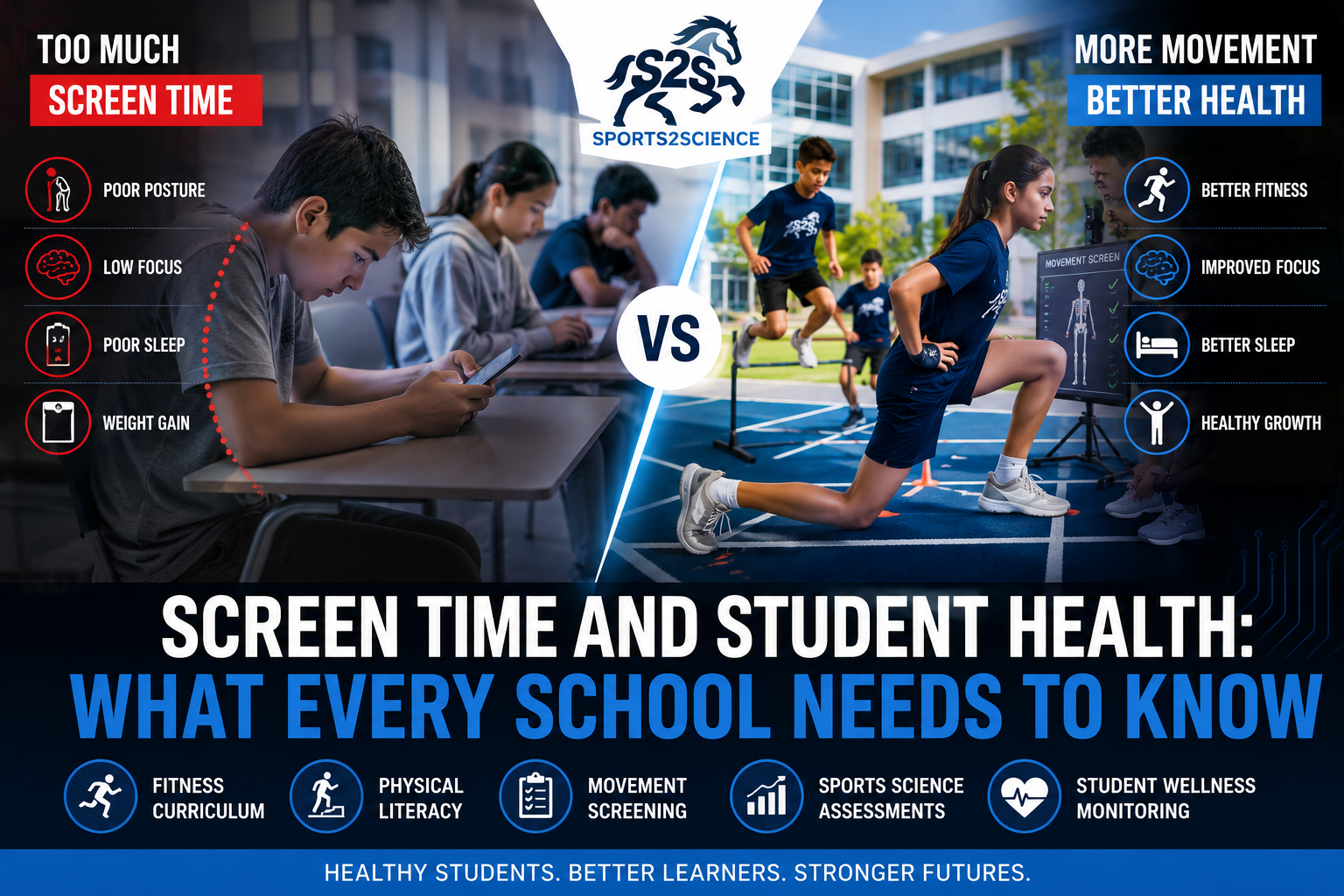 Students balancing digital learning and physical activity through school fitness and wellness programs designed to reduce screen time health risks.