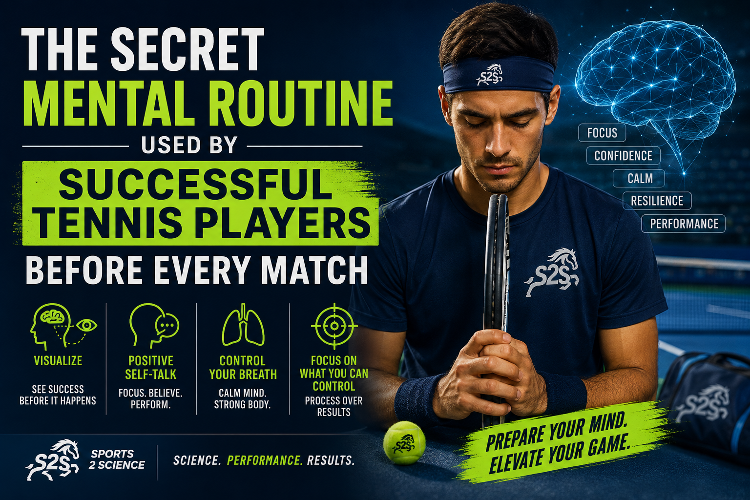 Focused tennis player using visualization and mental preparation techniques before a match to improve confidence, concentration, and performance under pressure.