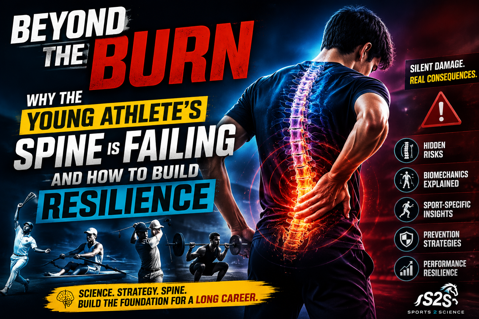 Young athlete experiencing lower back stress with highlighted spine anatomy, illustrating spinal resilience, injury prevention, and sports performance science.