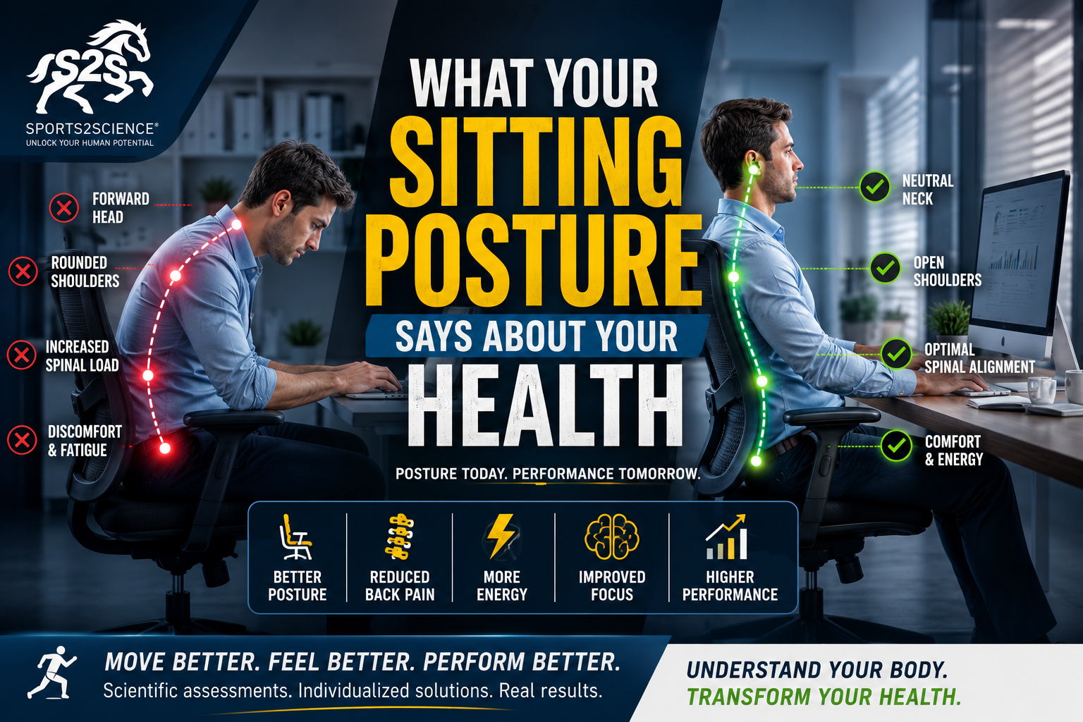 Office worker sitting at a desk while a sports scientist evaluates sitting posture, spinal alignment, workstation ergonomics, and movement patterns.