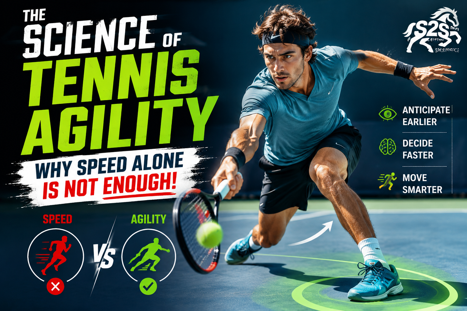 Elite tennis player demonstrating agility, reaction time, anticipation, and explosive court movement during a tennis performance training session.