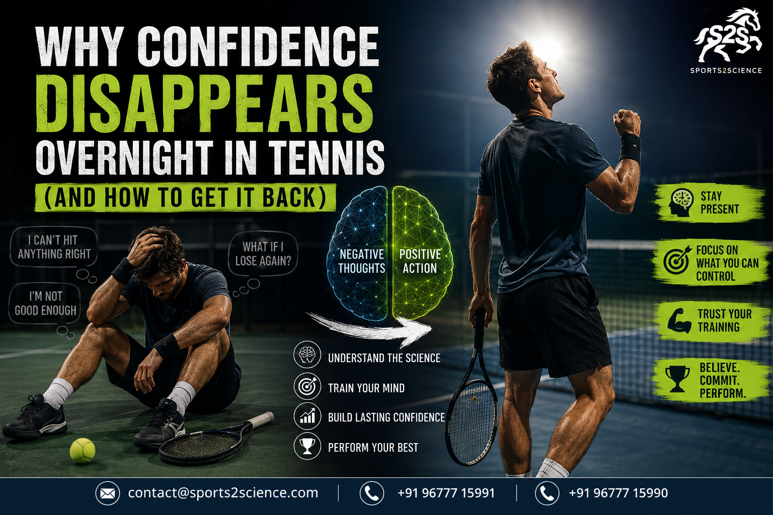 Tennis player sitting on court after a difficult match while a confident version of himself appears in the background, representing the science of confidence loss and mental recovery in tennis performance.