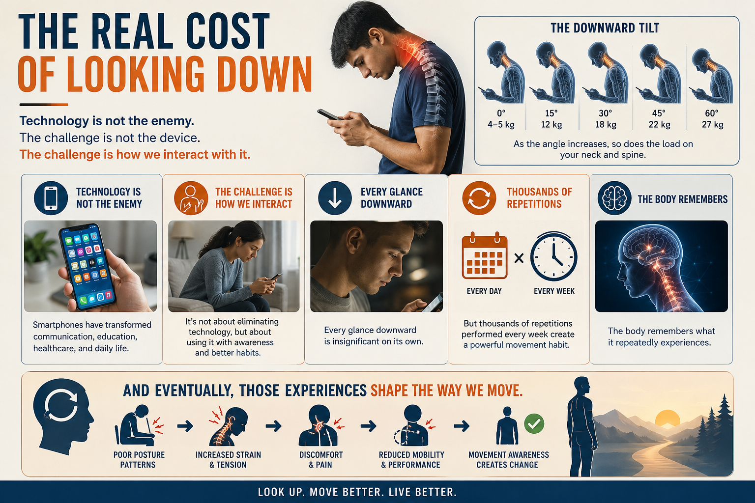 nfographic showing the real cost of looking down at smartphones, illustrating forward head posture, increased cervical spine loading, tech neck development, and how repeated screen use influences movement patterns and posture