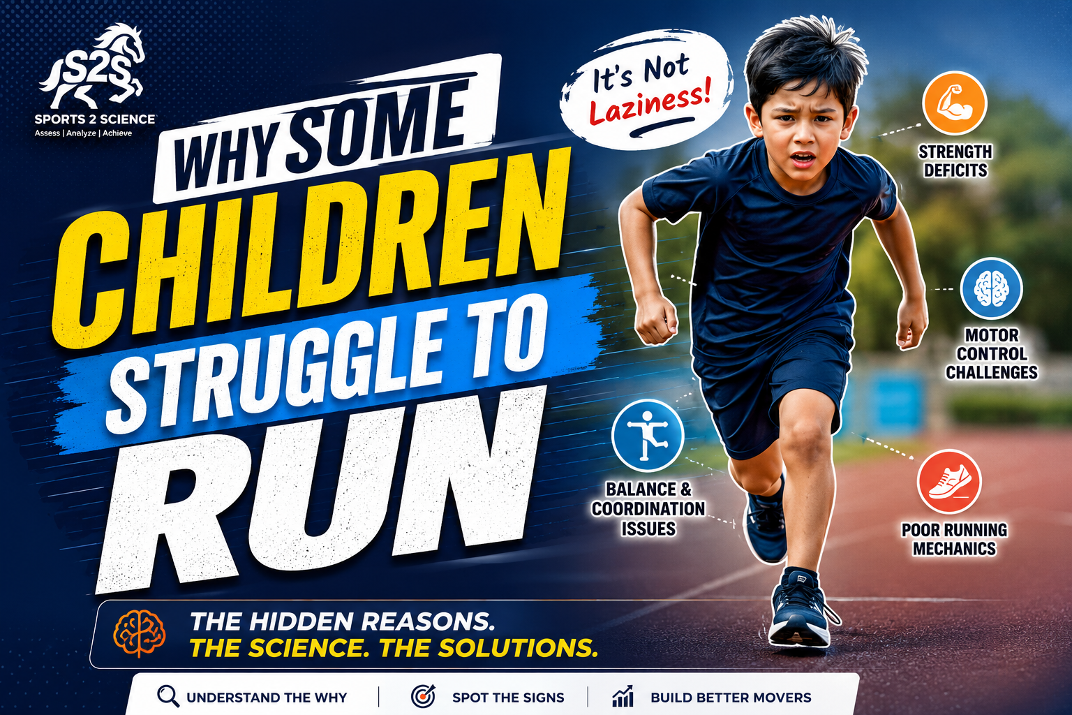 Child running on a track highlighting hidden movement limitations, physical literacy challenges, balance deficits, motor control issues, and running biomechanics in school-aged children